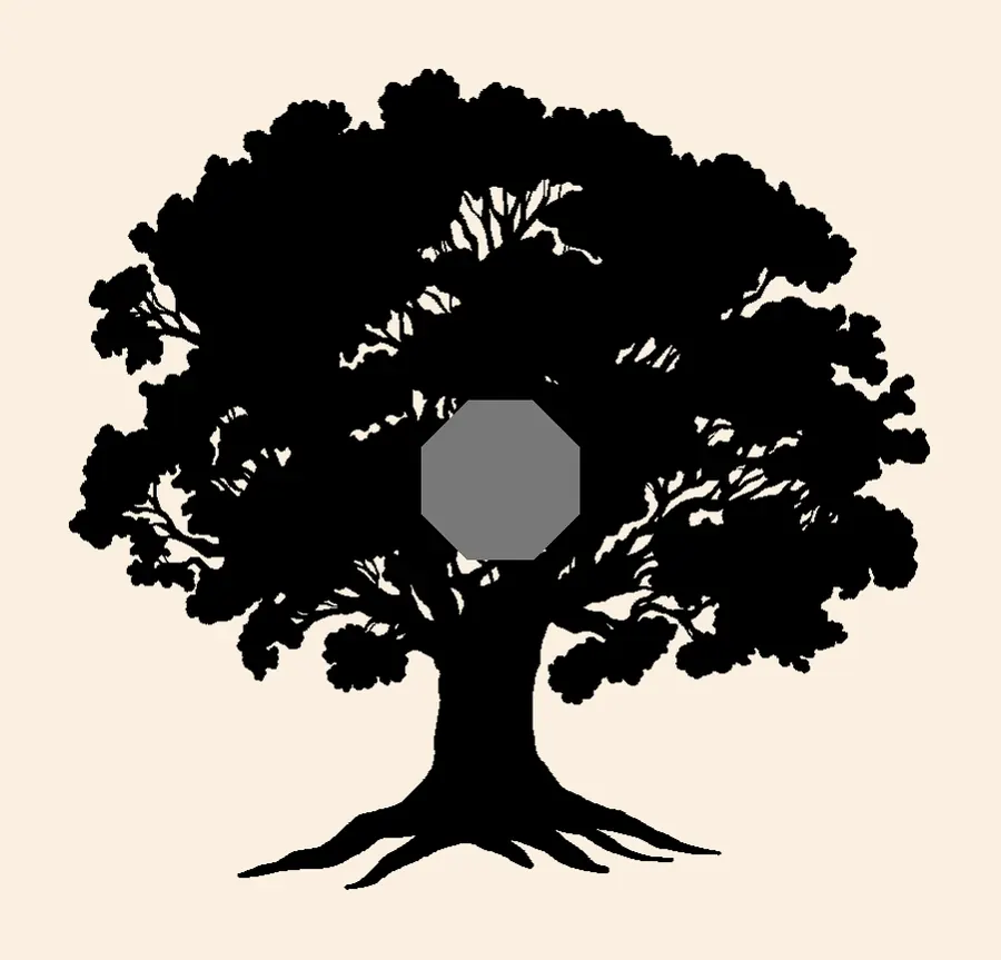 Black oak tree silhouette drawing with an octagon marking where the lamp sits