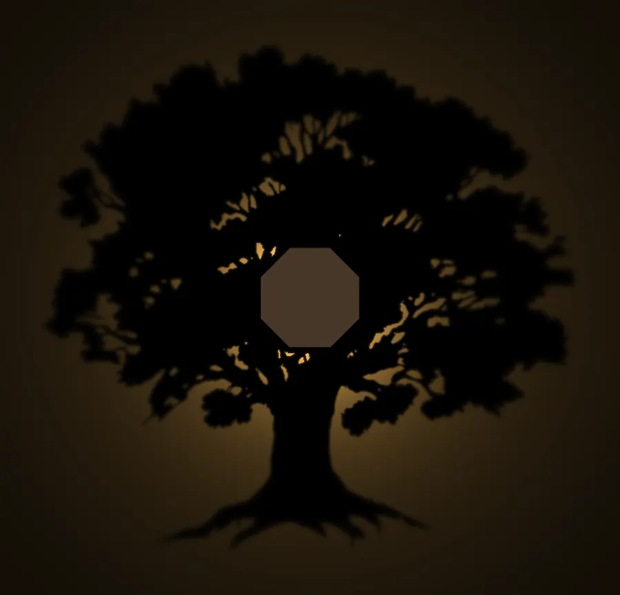 The same oak tree cast as a warm shadow on a wall by the lamp